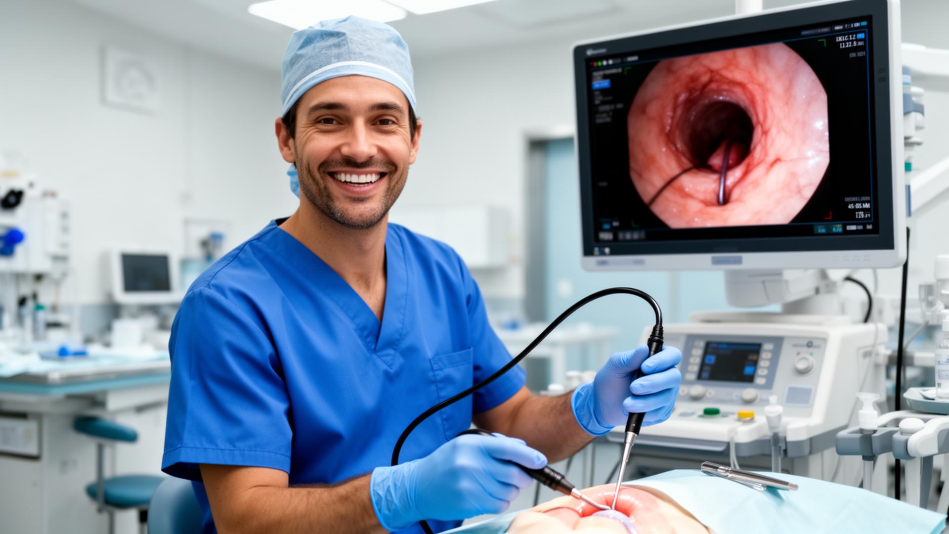 Médico endoscopista realizando exame com monitor exibindo imagem em tempo real